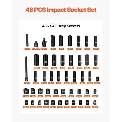 VEVOR Schlagnuss-Set, 3/8 Zoll-Antrieb, 48-tlg., Sechskant-Steckschlüssel, SAE 5/16-3/4 Zoll & Metrisch 8-19 mm, 21-22 mm, Chrom-Vanadium-Legierungsstahl, Verlängerungsstange, Adapter & Koffer – Bild 2
