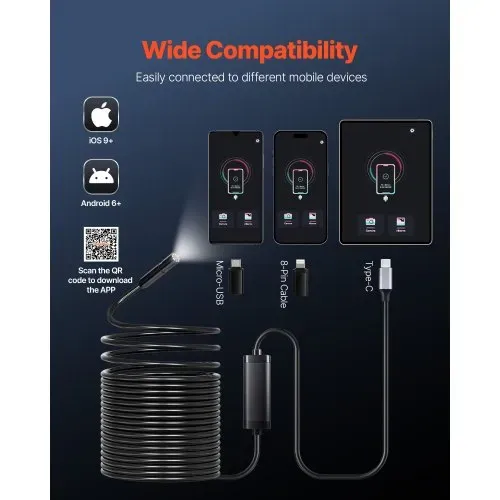 VEVOR Endoskopkamera mit 15 m langem Kabel, 1920P HD-Inspektionskamera für Android & iOS, industrielle Kanal-Kamera mit Licht – 8 LEDs, 2-facher Zoom, IP67-Schlangenkamera für Auto, Sanitär – Bild 3