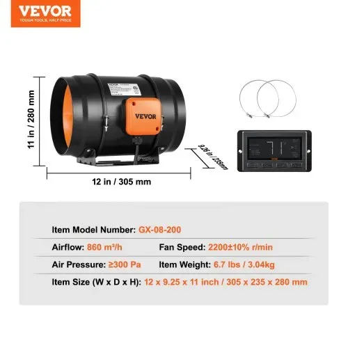 VEVOR Inline Kanalventilator, 8 Zoll 807 CFM mit Temperatur-Feuchtigkeitsregler, leiser EC-Motor Belüftung Abluftventilator für Kühlung Booster, Wachstumszelte, Hydrokultur – Bild 6