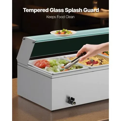 VEVOR kommerzieller Speisenwärmer (4 x 1/2 Größe Behälter), 1,5 kW elektrischer Wärmebehälter aus Edelstahl mit Glasabdeckung & Suppenkelle, Chafing Dishes Set für Catering Restaurant Party – Bild 3