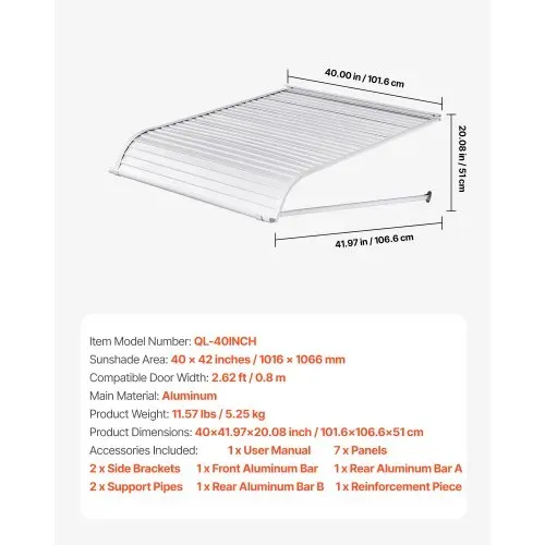 VEVOR Fenstermarkise 101,6x106,6x51 cm, Türvordach, Sonnenschutz, leichte & stabile Aluminium-Außenmarkisen, Schutz vor Regen, Schnee & Sonnenlicht für Tür, Eingang, Fenster, Terrasse, Veranda – Bild 6
