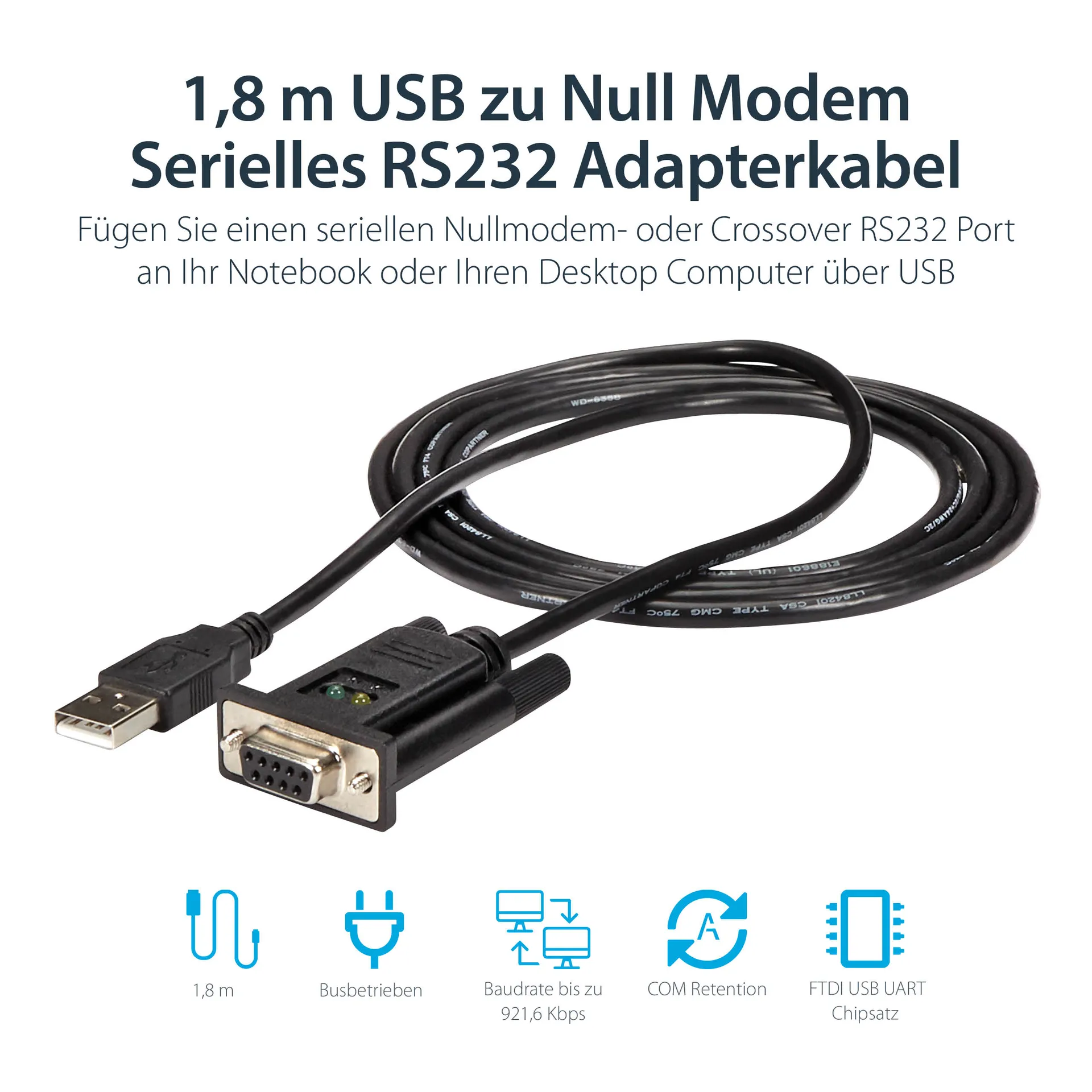 StarTech.com USB auf Seriell RS232 Adapter - DB9 Seriell DCE Adapter Kabel mit FTDI - Null Modem - USB 1.1 / 2.0 - USB Busbetrieben – Bild 6