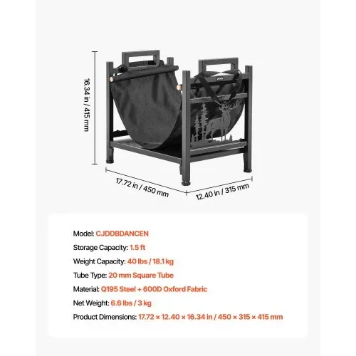 VEVOR Kaminholzregal 450x315x415 mm, Brennholzregal mit Segeltuchträger, Kaminholzhalter 18 kg Tragfähigkeit, Brennholzhalter aus pulverbeschichtetem Stahl, robuster Holzstapelständer für den Kamin – Bild 6