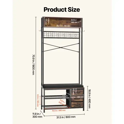 VEVOR Flurgarderobe 80 x 30 x180 cm, Garderobenständer mit Schuhablage (2 Ebenen) & 3 Schubladen, Freistehende Garderobe mit Bücherablage & Metallgitter, Ideal für Eingangsbereich, Schlafzimmer – Bild 4