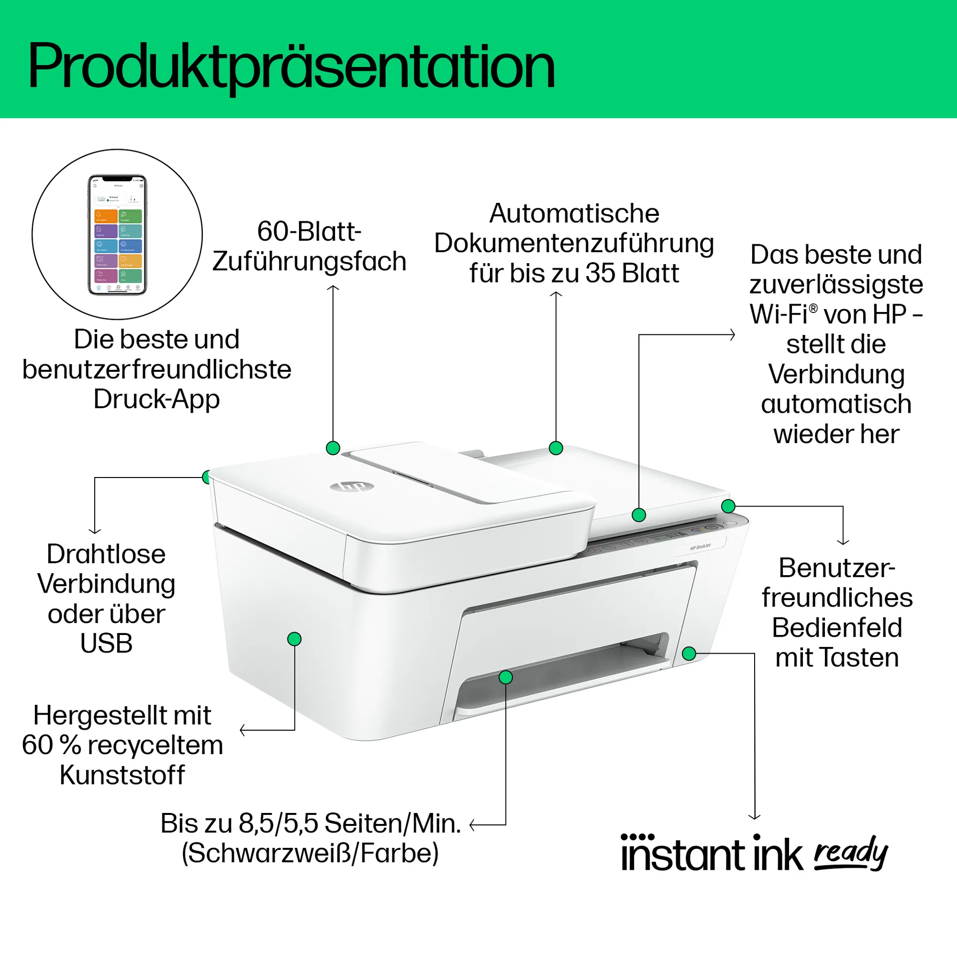 HP DeskJet 4220e Wireless All-in-One Farbe Drucker, Instant Ink; Kopierer, Scanner – Bild 3