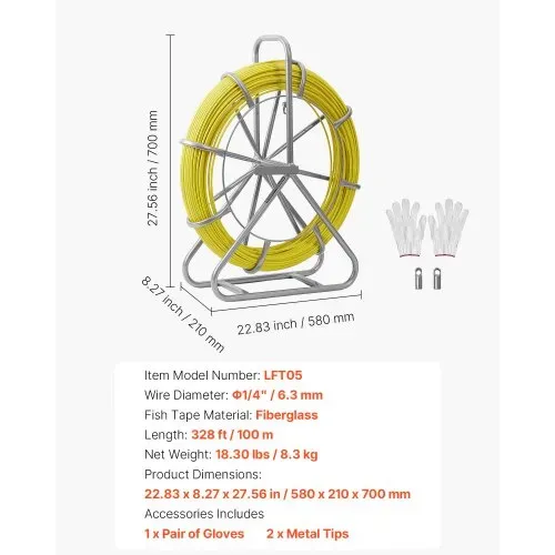 VEVOR Fiberglas Kabel Rad 100 m Ø6,3mm Glasfaserstab, Fischband mit Ständer, Kabeleinziehhilfe mit Markierungen, Kabeleinfädler, Kabelzieher für Wände & Elektroinstallationsrohre, Nichtleitend – Bild 6