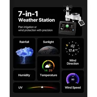 VEVOR 7-in-1 WLAN-Wetterstation, 7-Zoll-TFT-Display, solarbetriebener Außensensor, Wettercenter zur Wettervorhersage, Windgeschwindigkeit, Windrichtung, Temperatur, Luftfeuchtigkeit, Niederschlag VEVOR 7-in-1 WLAN-Wetterstation, 7-Zoll-TFT-Display, solarbetriebener Außensensor, Wettercenter zur Wettervorhersage, Windgeschwindigkeit, Windrichtung, Temperatur, Luftfeuchtigkeit, Niederschlag