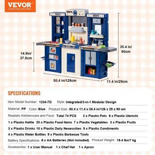 VEVOR Kinderküchen-Spielset, 3-in-1-Kleinkinderküche mit simuliertem Sprühnebel, Geräuschen und Lichtern, Spielküchenset mit 74-teiligem Kochzubehörset für Kleinkinder, Vorschulkinder, Kinder im Alter von 3–8 Jahren, Blau – Bild 6