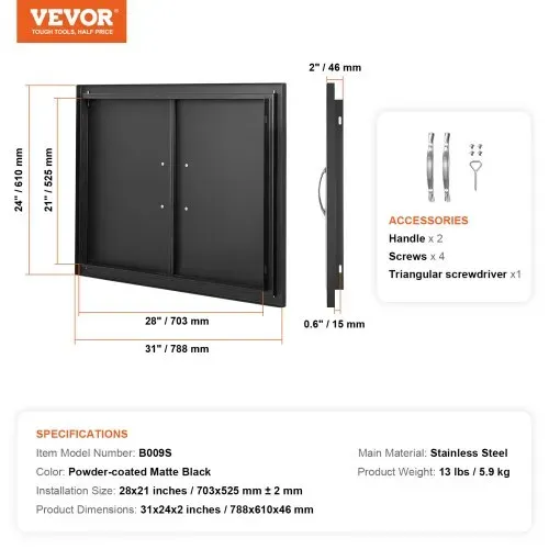 VEVOR Grill-Zugangstür, 788x610x46 mm, doppelte Außenküchentür, flächenbündig montierte Kaltplattentür, vertikale Wandtür mit Griffen, für Grillinsel Grillstation (Edelstahl + ölbesprühtes Produkt) – Bild 6
