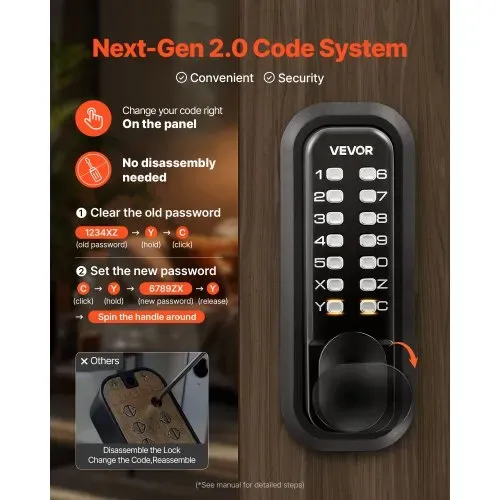 VEVOR Mechanisches Codeschloss mie Einseitigem Tastenschloss (4- bis 7-stelliger Code), Schlüsselloses Türschloss mit Griff & Knauf & Automatischer Verriegelung, für Haustüren Garagen, Schwarz – Bild 3