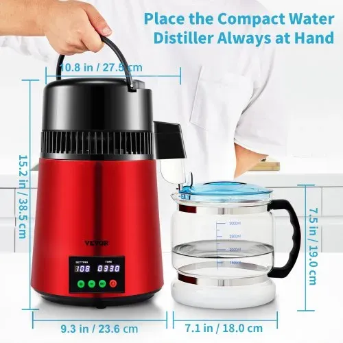 VEVOR Wasser Destillierer 1L / H Haushalt Rotes Wasserdestilliergerät Destilliertes Wasser herstellen 750 W, Doppelter Bildschirm Edelstahl Distilleranlage mit Glaskanne Reinwasser destilieren – Bild 6