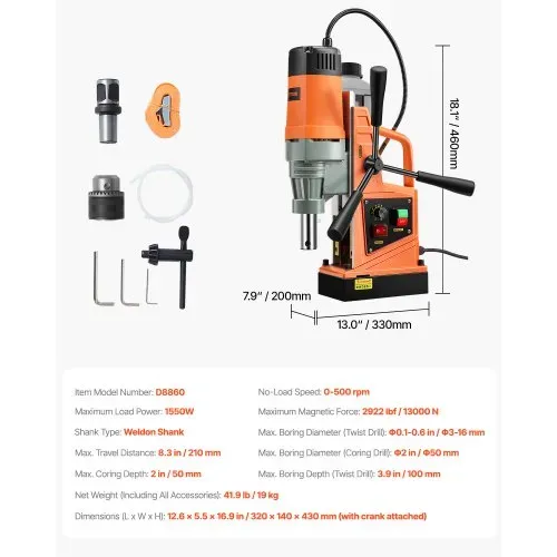 VEVOR Bohrmaschine, 1550 W 50 mm Bohrdurchmesser, 2922 lbf Power Magnetbohrer, 500 PRM, 10-Gang, Elektrische Bohrmaschine für Metalloberflächen, Industrie und Heimwerker – Bild 6