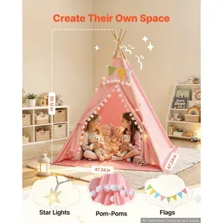 VEVOR Kinderzelt Spielzelt Tipi-Zelt Kinder Bettzelt 1200x1200x1400 mm Pink, für Kleinkinder, Baumwoll-Canvas, mit Gepolsterter Matte Sternenlichtern Tragetasche Flagge Atmungsaktivem Fenster & Pompon VEVOR Kinderzelt Spielzelt Tipi-Zelt Kinder Bettzelt 1200x1200x1400 mm Pink, für Kleinkinder, Baumwoll-Canvas, mit Gepolsterter Matte Sternenlichtern Tragetasche Flagge Atmungsaktivem Fenster & Pompon
