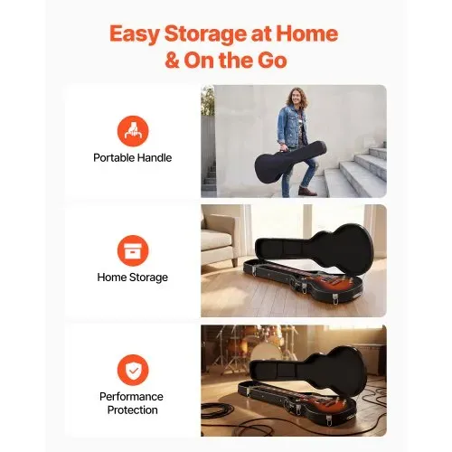 VEVOR E-Gitarrenkoffer für 39-Zoll-Les-Paul-Gitarren 108 cm Harschalenkoffer, Gitarrenkoffer aus Holz mit Schloss, Schaumstoffeinlage, Schlüsseln, Zubehörfach, Hartschalen-Formkoffer Schwarz – Bild 3