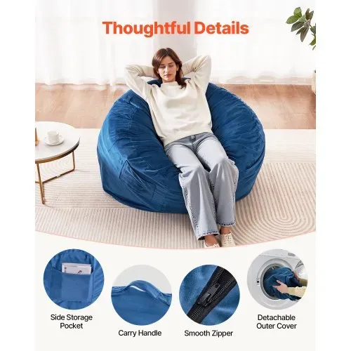 VEVOR runder Sitzsack Sitzkissen Bean Bag Erwachsene (1168 x 1168 x 635 mm) mit abnehmbarem & waschbarem Bezug, gefüllt mit niederländischem Samt & hochdichtem Schaumstoff, für Schlafzimmer Blau – Bild 4