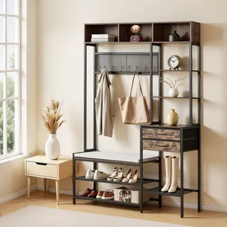 VEVOR Multifunktionale Flurgarderobe (120 x 40 x 180 cm) mit Schuhbank & 2 Schubladen, Garderobenständer mit Bücherablage & Metallgitter, Garderobe mit Stahlrahmen für Eingangsbereich Schlafzimmer VEVOR Multifunktionale Flurgarderobe (120 x 40 x 180 cm) mit Schuhbank & 2 Schubladen, Garderobenständer mit Bücherablage & Metallgitter, Garderobe mit Stahlrahmen für Eingangsbereich Schlafzimmer