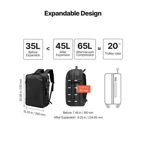 VEVOR Vakuum Rucksack, 65 L, erweiterbarer Vakuum-Kompressions-Reiserucksack mit Pumpe, mit TSA-zugelassenem Schloss, USB-Ladeanschluss, wasserabweisendes Handgepäck, für Business, Schwarz – Bild 6