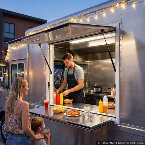 VEVOR Verkaufsfenster für Foodtrucks 915 x 915 x 80 mm Aluminiumlegierung, Konzessionsfenster für Imbisswagen, bis 85° Aufklappbar, mit Verkaufsklappe, Servierablage & Schlepphaken, Regenschutz – Bild 7