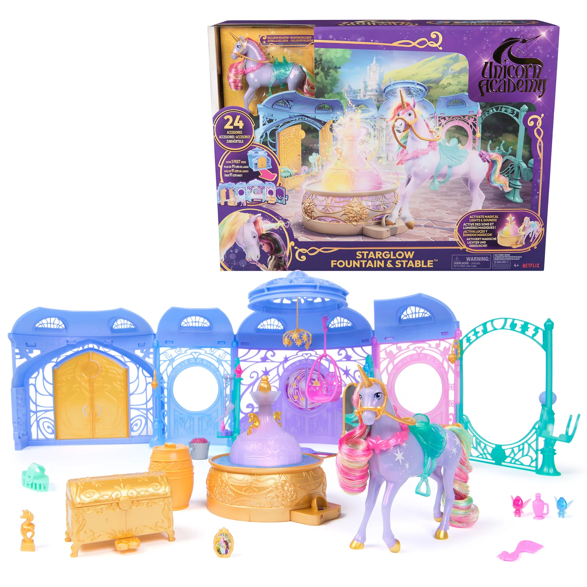 Unicorn Academy – Stall Spielset 90 cm inkl. Brunnen mit Licht- und Soundeffekten, ca. 12 cm großem Einhorn und 24 Accessoires, Original Spielset zur beliebten Netflix Serie Unicorn Academy – Stall Spielset 90 cm inkl. Brunnen mit Licht- und Soundeffekten, ca. 12 cm großem Einhorn und 24 Accessoires, Original Spielset zur beliebten Netflix Serie
