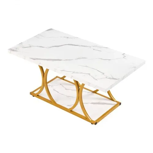 VEVOR Couchtisch Beistelltisch in Marmoroptik, zweistufiger rechteckiger Beistelltisch Sofatisch mit Metallgestell & geometrischen Beinen & 95 kg Tragkraft, minimalistischer Wohnzimmertisch Weiß – Bild 9
