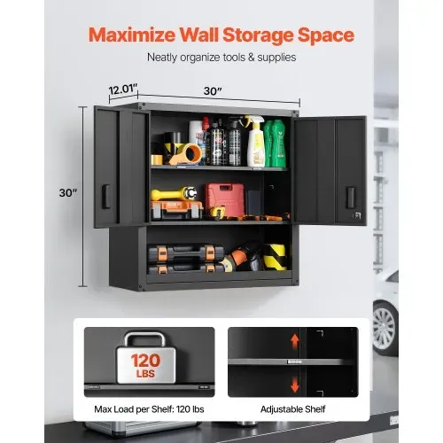 VEVOR Hängeschrank Werkstatt, 762 x 305 x 762 mm, Werkzeugschrank aus Stahl mit abschließbaren Türen & verstellbarem Regal, Wandhängeschrank für Garage, Keller, Küche, Lager, schwarz VEVOR Hängeschrank Werkstatt, 762 x 305 x 762 mm, Werkzeugschrank aus Stahl mit abschließbaren Türen & verstellbarem Regal, Wandhängeschrank für Garage, Keller, Küche, Lager, schwarz