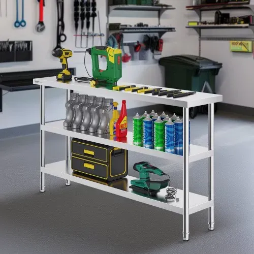 VEVOR Lebensmittel-Zubereitungstisch aus Edelstahl, gewerblicher Küchenarbeitstisch, mit 2 verstellbaren Unterregalen, Zubereitungstisch für Grill, Küche, Zuhause und Garage 356 x 1524 x 864 mm – Bild 7