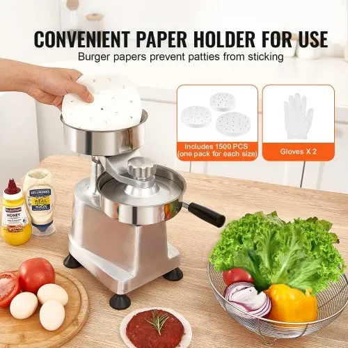 VEVOR Kommerzieller Burgerpresse - Hamburger Patty Maker 10 / 13 / 15 cm, mit 3 Packungen Burgerpapier, Professionelle Hamburgerpresse aus Edelstahl, Perfekt für Burger Patties Cooking BBQ Zubehör – Bild 3