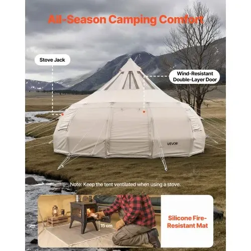 VEVOR Canvas-Glockenzelt, 5 m Jurte, 4 Jahreszeiten, mit Ofenrohrdurchführung & Regenhülle, Poly-Baumwoll-Gewebe, bis zu 12 Personen, für Familien-Camping, & Andere Outdoor-Aktivitäten, Beige – Bild 5
