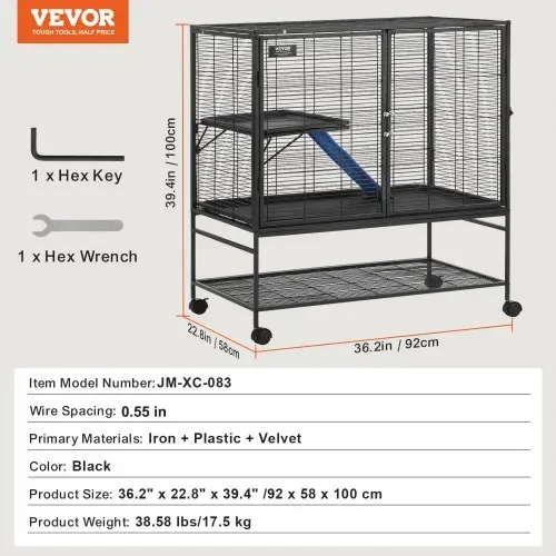 VEVOR 39" rollender Frettchenkäfig aus Eisen, großer 2-stöckiger Critter Nation-Käfig, Kleintierkäfig mit Rampen und Tablett, einfach aufzubauen für Hausratten, Hamster, Meerschweinchen, Chinchillas – Bild 6