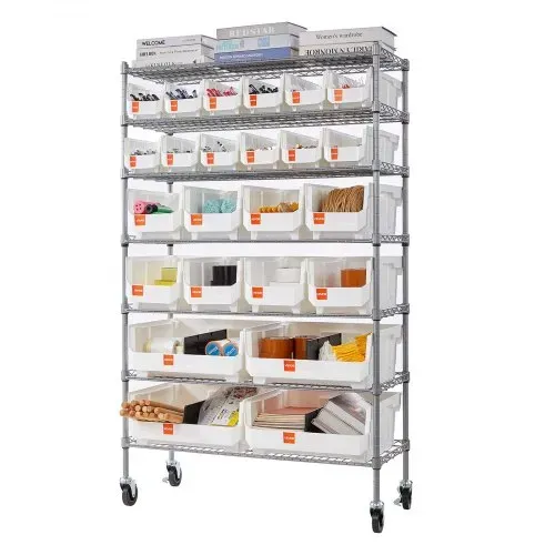 VEVOR Standregal, Lagerregal mit 7 Ebenen & 24 Stapelboxen, Bücherregal, Küchenregal mit Rollen, Werkzeugaufbewahrung für Garage, Lager, Büro, Restaurant, Klassenzimmer, Küche, 355x900x1480 mm – Bild 8