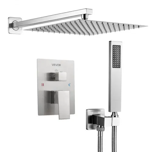 VEVOR Duscharmatur Regenduschsystem fürs Badezimmer Duschsystem mit 254 mm quadratischen Regenduschkopf & Handbrause, wandmontierte Badezimmerarmaturen mit Messingventil & Zierset, gebürstetes Nickel – Bild 9