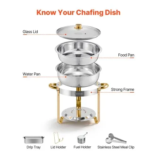 VEVOR Chafing Dish Buffet Speisenwärmer mit 4 Behältern in voller Größe (4,7 L), runder Catering-Wärmespender mit Glasdeckel & Wasserpfanne & klappbarer Ständer, für Hochzeiten Buffet Gold – Bild 6