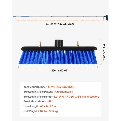 VEVOR Teleskop Waschbürste mit Teleskopstiel, 7,3 m lange Teleskopstange mit ausziehbarem Griff, 180° drehbarem Bürstenkopf & 20 m Schlauch, für Haushalt & Außenbereich, Solarmoduldecks im Wohnwagen – Bild 6