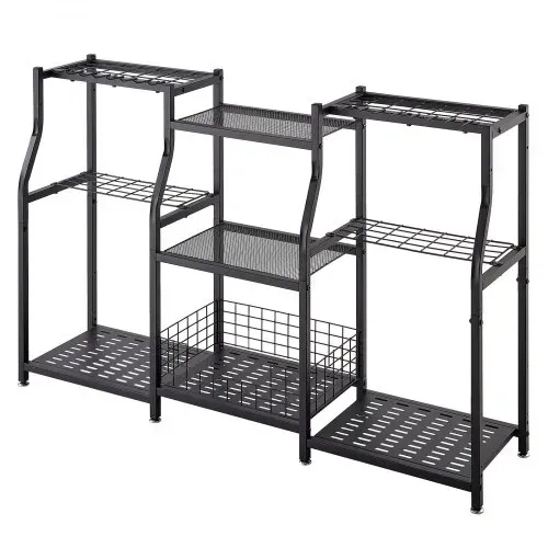VEVOR Gartengeräte Ständer 1235x290x795mm 3-Stöckiger Gerätehalter Schwarz, Aufbewahrungsregal für Garage Schuppen Garten, Organizer aus Stahl für Besen Mopp Rechen, mit Ablagefächern & Nivellierfüßen – Bild 10