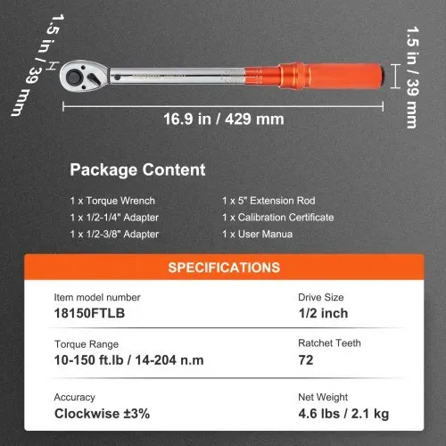 VEVOR Drehmomentschlüssel 12,7 mm, 14–204 Nm Drehmomentschlüssel Fahrrad & Motorrad Set, ± 3 % Fehlergenauigkeit mit Verlängerungsstange 127mm, 12,7-9,525 mm & 12,7-6,35 mm Adapter, 72 Zähne Ratschenkopf – Bild 6