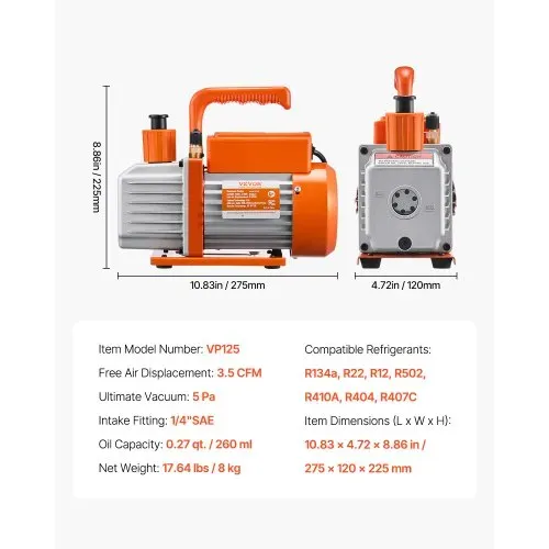 VEVOR 3,5 CFM AC-Vakuumpumpe & Manometer-Set, einstufige Drehschieber-HVAC-Luftvakuumpumpe, A/C-Kältemittelverteiler-Manometer-Kit, für Kältemittel R134a, R12, R22, R502a, R410A, R404, R407C – Bild 6