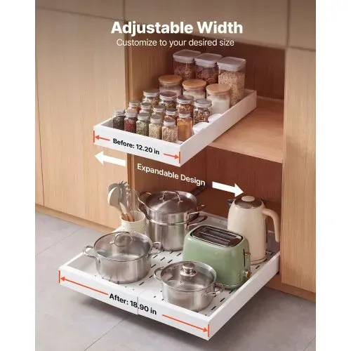 VEVOR 2 x Teleskopschubladen Ausziehbare Küchenschrank-Organizer 31-48 cm, 52 cm Tiefe Auszugsschubladen für Schränke, Erweiterbare Auszugsschubladen für Küchenschränke mit Nano-Klebestreifen, Weiß – Bild 2