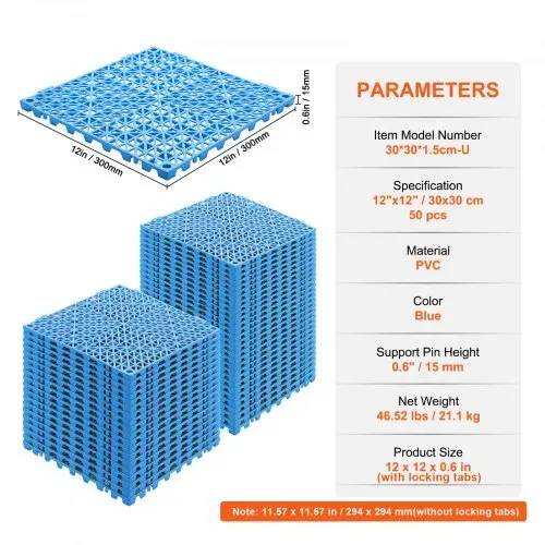 VEVOR Ineinandergreifende Fliesen 50 Stk. Bodenfliesen Drainage-Bodenfliesen, Bodenfliesen 30 x 30 cm Außenbereich Quadratische Bodenfliesen Terrasse PVC Bodenfliesen Badezimmer, Pool, Toilette, Blau – Bild 6