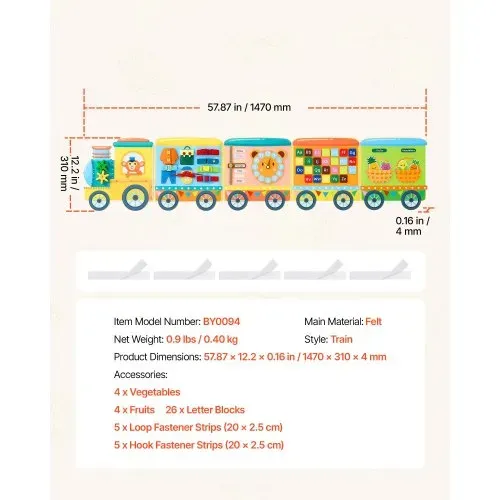 VEVOR Montessori Busy Board 14-in-1 Faltbares Wandmotorikbrett Zugthema, Aktivitätsbrett zur Bildung & Frühe Entwicklung für Kinder, Filzstoff, mit Buchstaben Früchten, Gemüse Uhr & Lernelementen – Bild 6