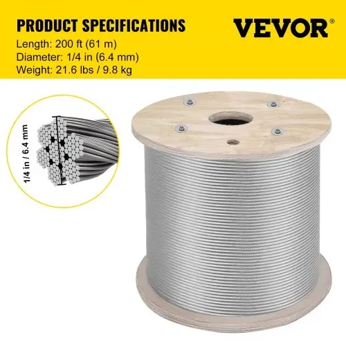 Drahtseilkabel aus Edelstahl 304, 1/4", 7x19, 200 Fuß – Bild 6