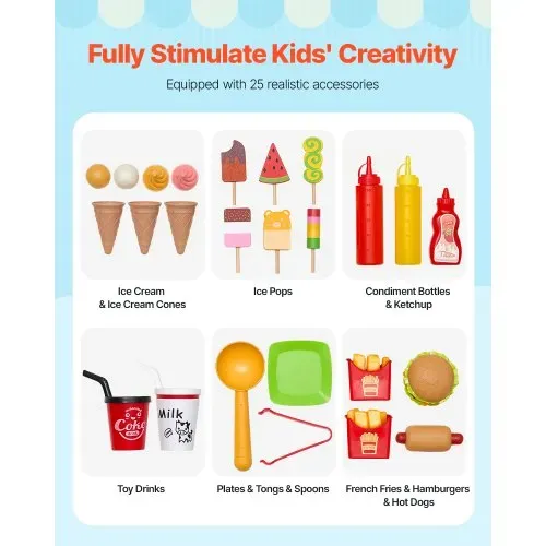 VEVOR Eiswagen für Kinder, über 20 Zubehörteile, Eisdiele aus Holz mit Lenkrad und Tafel, Zahlungsscanner und Gefrierschrank, Wasserhahn und Spüle, geeignet für Kinder von 3–7 Jahren, blau – Bild 2