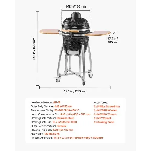 VEVOR Kamado Grill, Keramikgrill, Smoker Ø 450 mm, mit Holzgriffen, Seitenablagen, Metallstand mit Rollen & Thermometer bis 400°C, oberer & unterer Luftstrom, für BBQ, Grillen, Kochen & Backen Outdoor – Bild 6