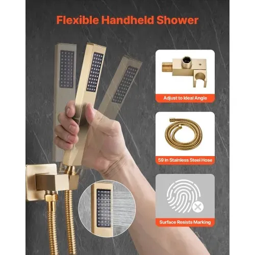 VEVOR Duscharmatur Regenduschsystem fürs Badezimmer Duschsystem mit 254 mm quadratischen Regenduschkopf & Handbrause, wandmontierte Badezimmerarmaturen mit Messingventil & Zierset, gebürstetes Gold – Bild 2