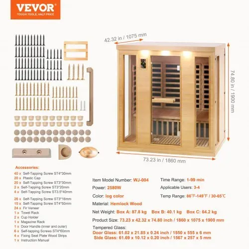 VEVOR Ferninfrarot-Holzsauna, Sauna-Spa für Zuhause, für 3 bis 4 Personen, Niedrige EMF-Ferninfrarot-Sauna aus Hemlockholz mit gehärteter Glastür & Bluetooth-Lautsprechern & Farblichttherapie, 2580 W – Bild 6