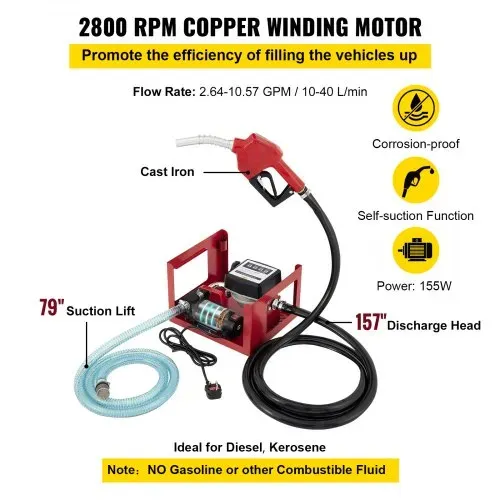 VEVOR Dieselpumpe Heizölpumpe 40L, 155W Selbstansaugende Ölpumpe, 2800U/min Motordrehzahl Ölabsaugpumpe Selbstansaugend, 20 kg Diesel Kraftstoff-Umfüllpumpe, Zählwerk Automatik Pumpe für Biokraftstoff – Bild 4