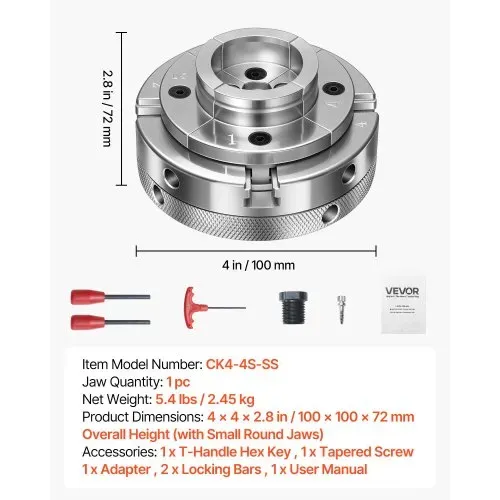 VEVOR 4 Zoll Drechselfutter 4 Backen Zentrierfutter mit 1 Zoll x 8 TPI Gewinde & Adapter, Vernickelte Oberfläche Spannbacken Hochfester Stahl, Spreizen und Klemmen für die Holzbearbeitung – Bild 6