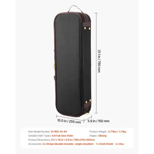 VEVOR 4/4 Violinenkoffer in voller Größe, eingebautes Hygrometer, Geigenkoffer, Reisetragetasche, mit Weichfutter, Schultergurten, kratzfest, professionelle längliche Form, für Violine, schwarz – Bild 6