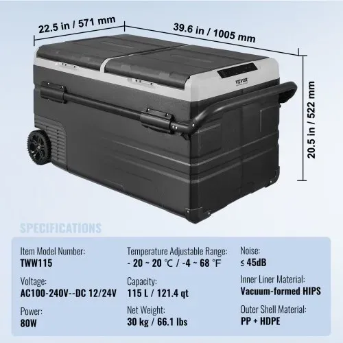 VEVOR 12 V Autokühlschrank, tragbarer 115 L Gefrierschrank mit 2 Zonen und Rädern & Griff, -20 °C bis 20 °C, 12/24 V DC / 100–240 V AC-Kompressorkühler für den Außenbereich, Camping, Reisen – Bild 6