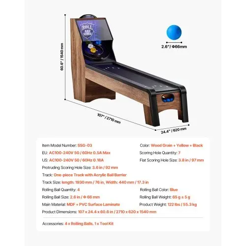 VEVOR 9 Fuß Roll und Score klassischer Arcade-Spieltisch, Indoor-Spielset mit elektronischer LED-Punkteanzeige, automatischer Ballrückgabe für Hausparty 4 Bälle enthalten – Bild 6