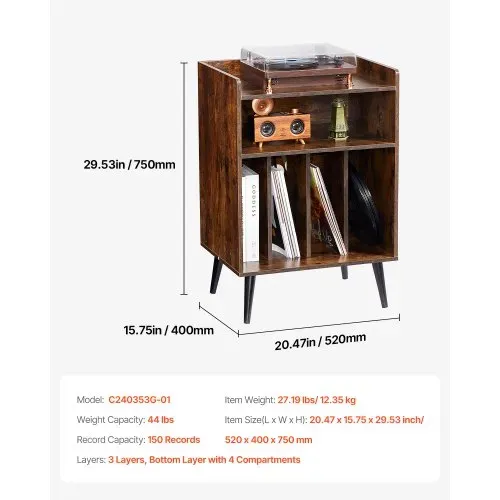 VEVOR Schallplattenaufbewahrung 3-stufiger Plattenspielerständer für bis zu 150 Alben, hölzerner Aufbewahrungsschrank für Vinyl-Schallplatten mit Ausstellungsregal für Schlafzimmer Wohnzimmer – Bild 6